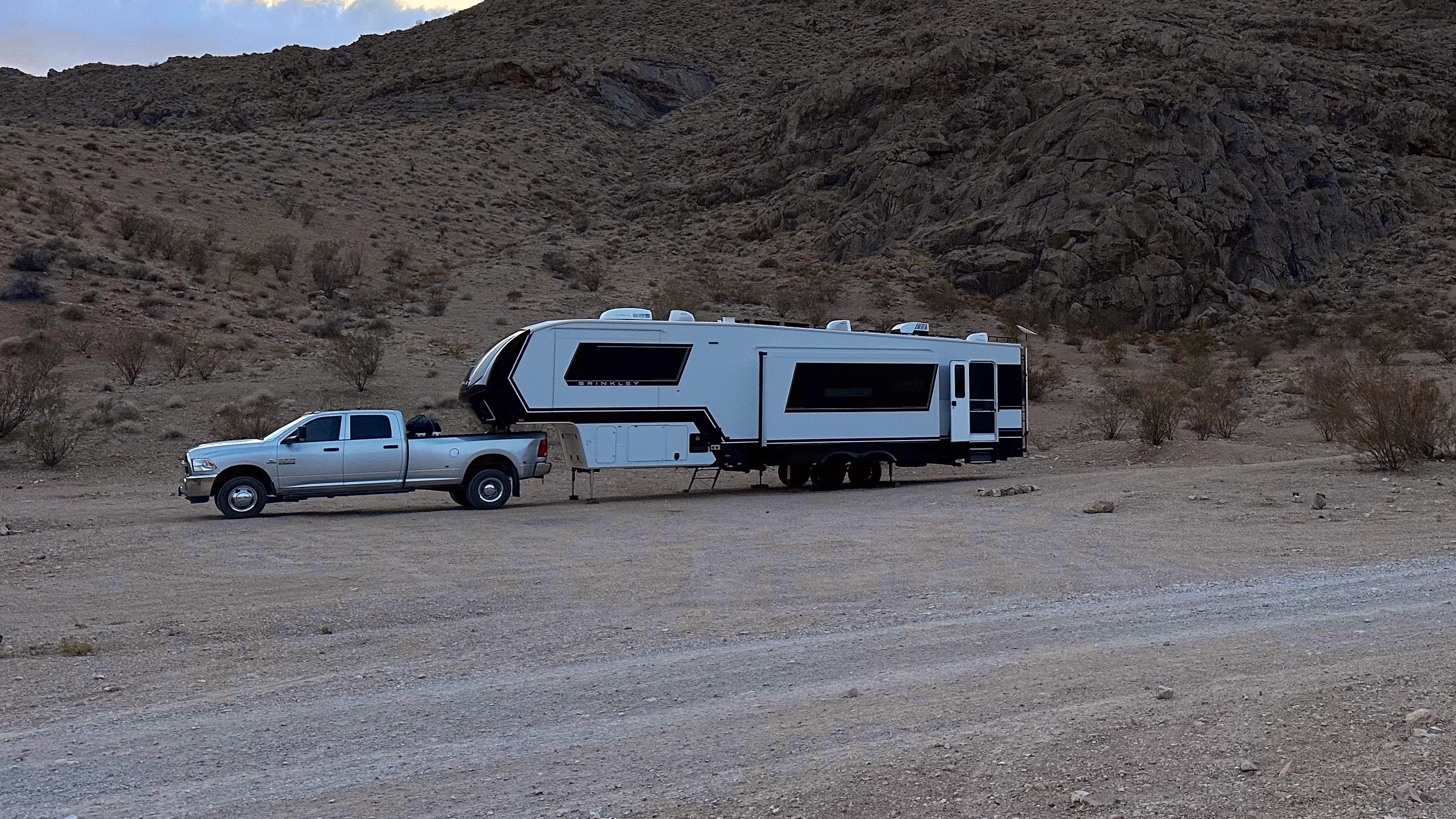 Front view of our fifth wheel at Rio del Norte National Monument